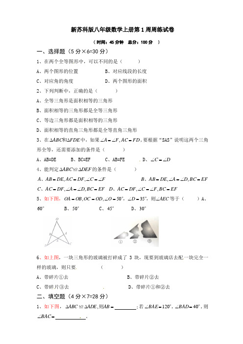 新苏科版八年级数学上册第1周周练试卷