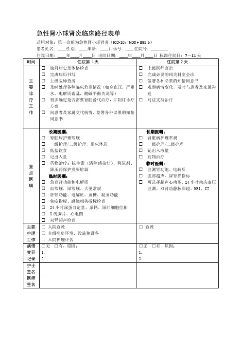 急性肾小球肾炎临床路径表单