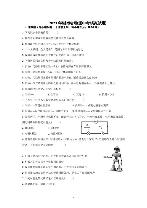 2023年湖南省物理中考模拟试题 (13)