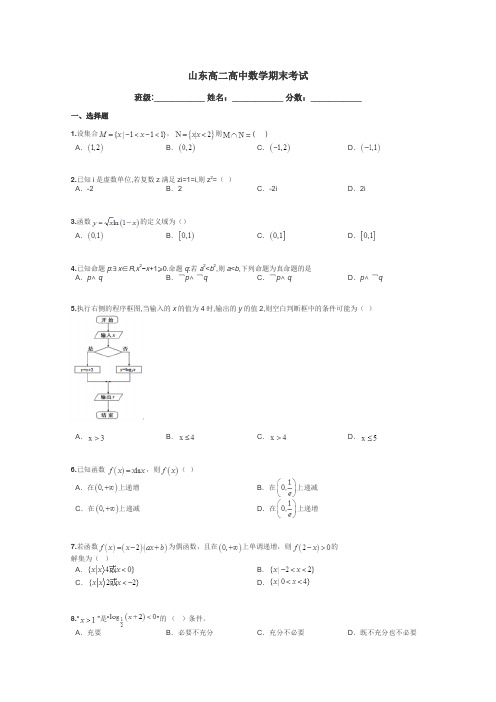 山东高二高中数学期末考试带答案解析
