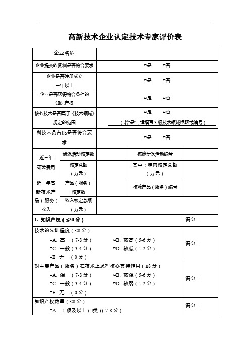 (完整)高新技术企业认定技术专家评价表(评审技术专家使用)