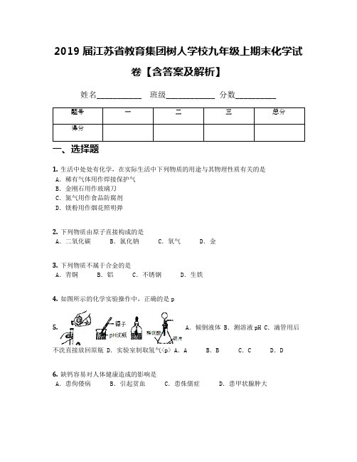 2019届江苏省教育集团树人学校九年级上期末化学试卷【含答案及解析】