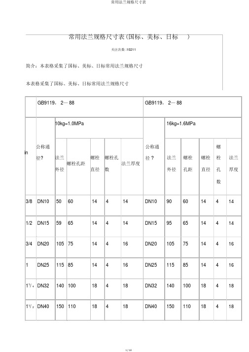 常用法兰规格尺寸表