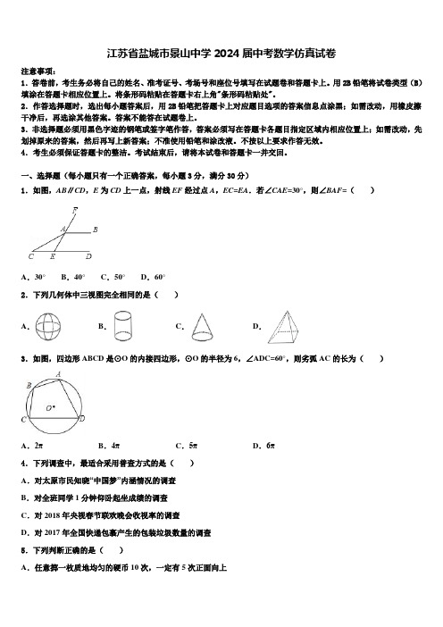 江苏省盐城市景山中学2024届中考数学仿真试卷含解析