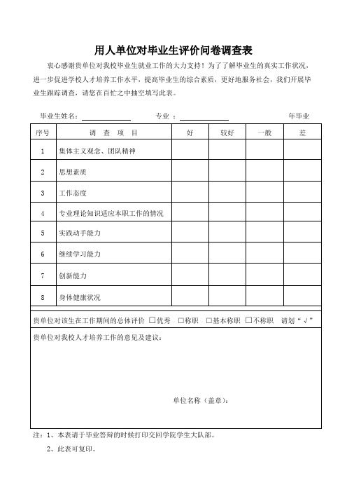 用人单位对毕业生评价问卷调查表模板