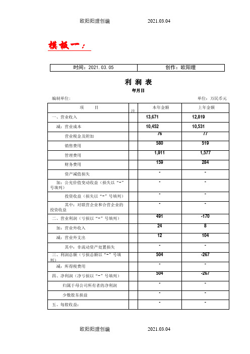 利润表(3种模板)之欧阳理创编