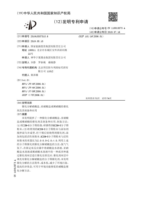 【CN110013873A】催化分解硝酸盐、亚硝酸盐或稀硝酸的催化剂及其制备和应用【专利】