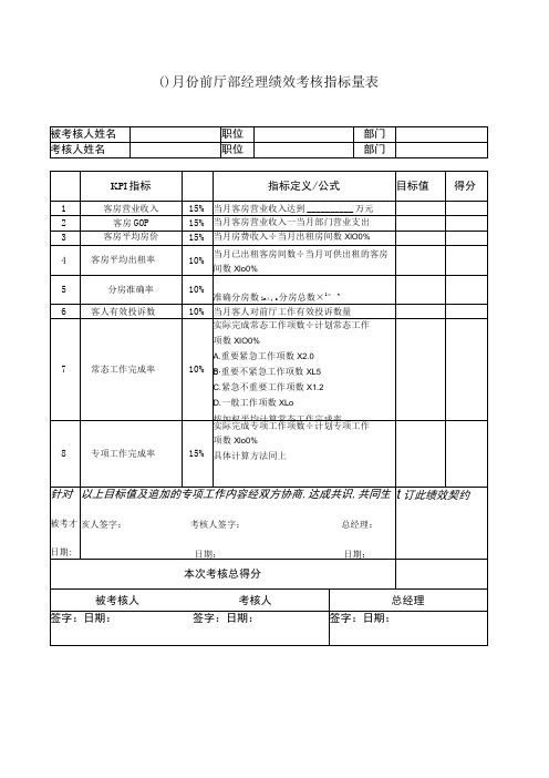 国际酒店月份前厅部经理绩效考核指标量表