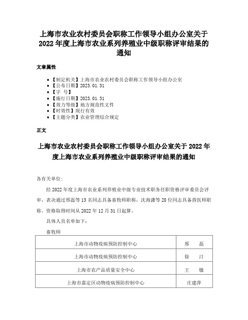 上海市农业农村委员会职称工作领导小组办公室关于2022年度上海市农业系列养殖业中级职称评审结果的通知