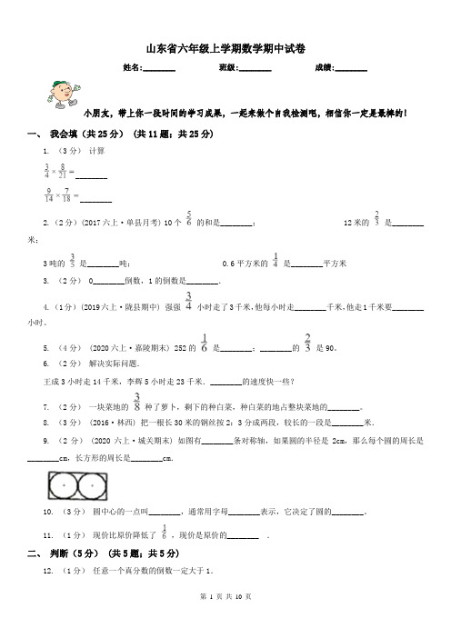 山东省六年级上学期数学期中试卷精版