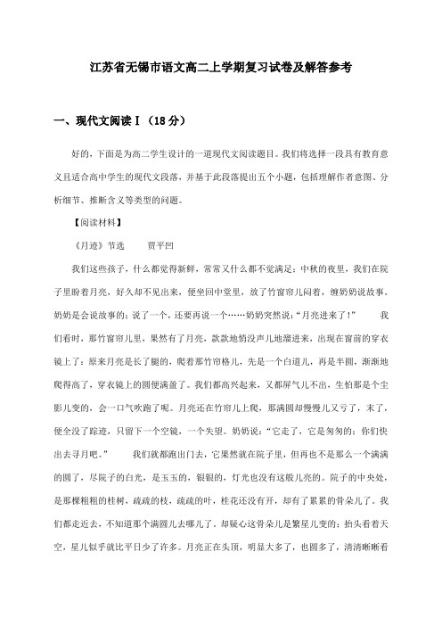 江苏省无锡市语文高二上学期复习试卷及解答参考