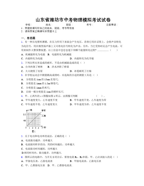 最新山东省潍坊市中考物理模拟考试试卷及解析