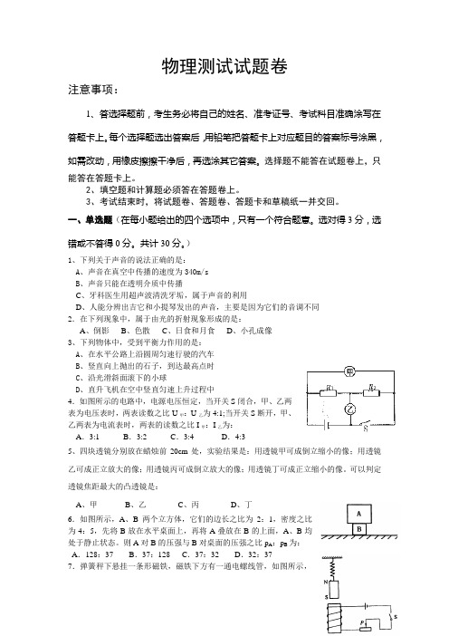 四川绵阳中学(12级)自主招生试题