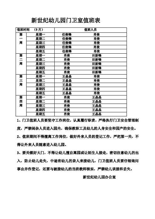 幼儿园门卫室值班表