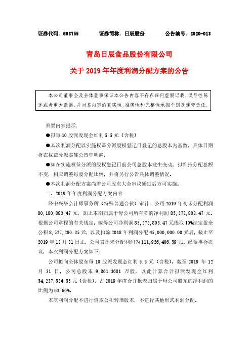 日辰股份：关于2019年年度利润分配方案的公告