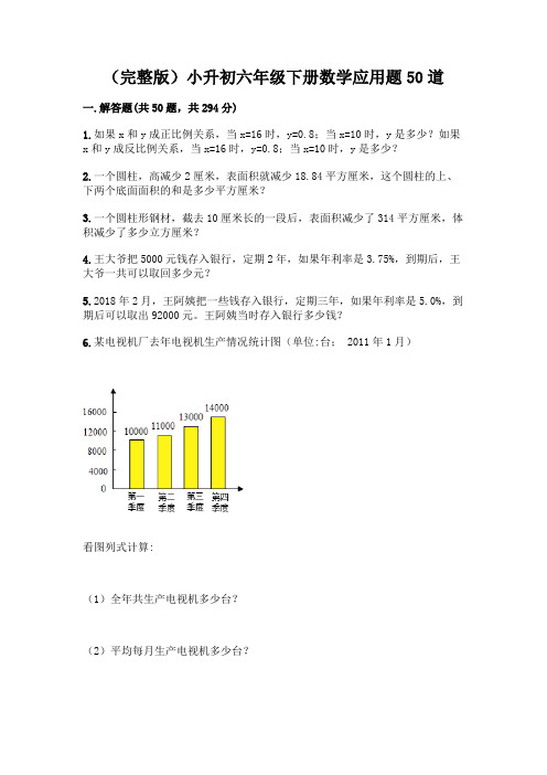 (完整版)小升初六年级下册数学应用题50道word