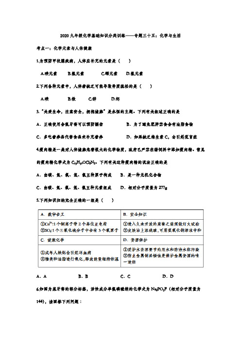 2020九年级化学基础知识分类训练——专题三十五：化学与生活