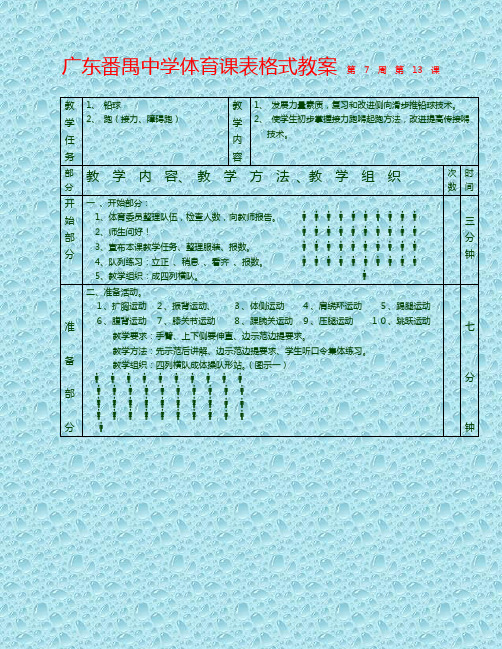 最新人教高一体育课教案 铅球接力第1—6课表格式教案