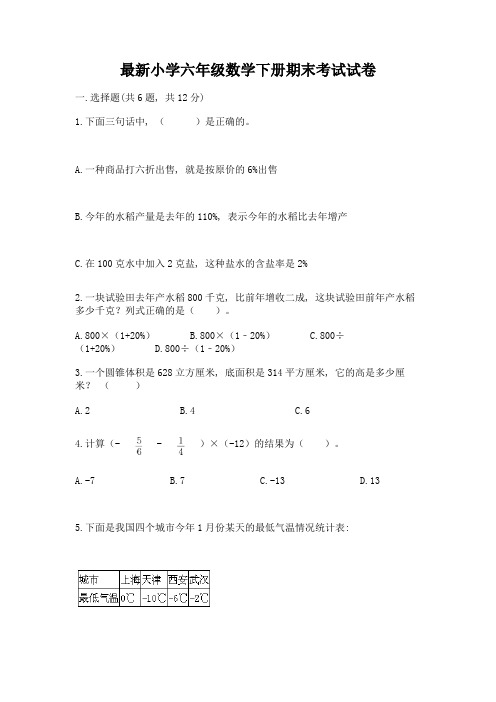 最新小学六年级数学下册期末考试试卷附参考答案【巩固】