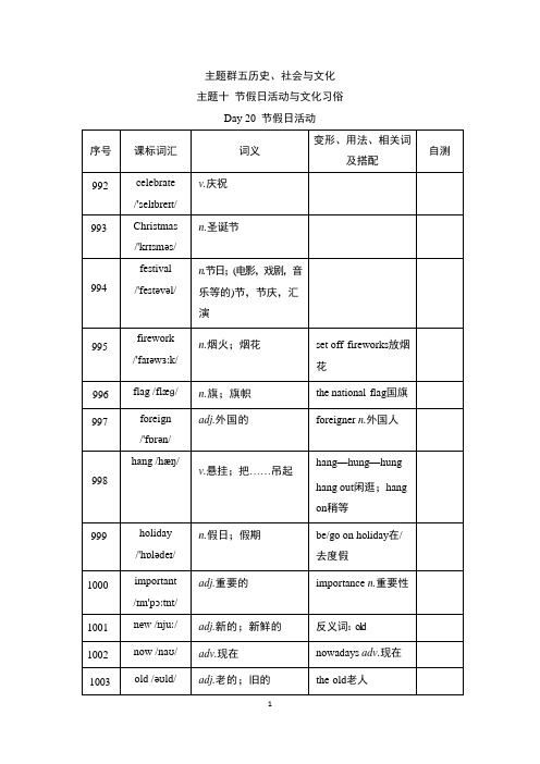 2025年外研版中考英语总复习新课标词汇分类复习主题十 节假日活动与文化习俗