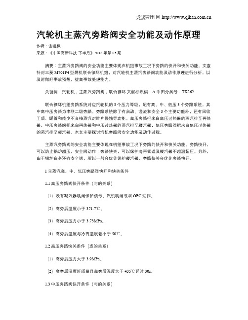 汽轮机主蒸汽旁路阀安全功能及动作原理