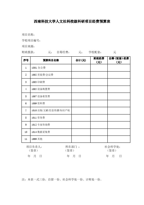 西南科技大学人文社科校级科研项目经费预算表