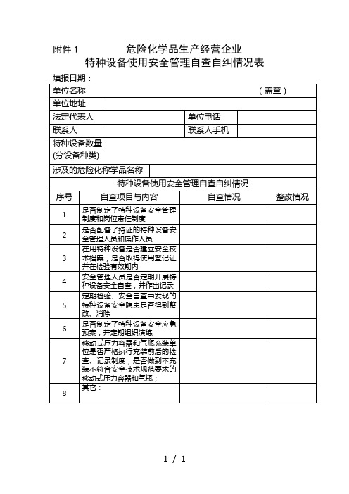 危险化学品生产经营企业特种设备使用安全管理自查自纠情况表