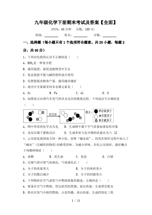 九年级化学下册期末考试及答案【全面】