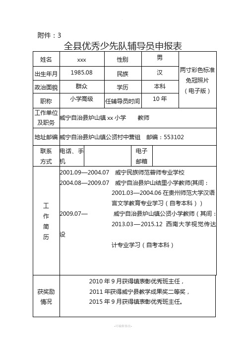 全县优秀少先队辅导员申报表