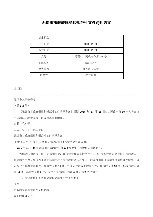 无锡市市政府规章和规范性文件清理方案-无锡市人民政府令第116号