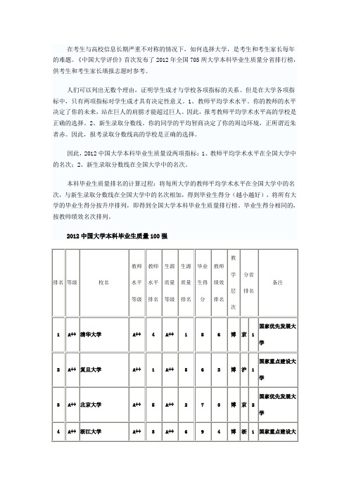 《高考填报志愿指南》之《2012中国大学本科毕业生质量100强》