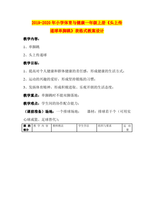 2019-2020年小学体育与健康一年级上册《头上传递球单脚跳》表格式教案设计