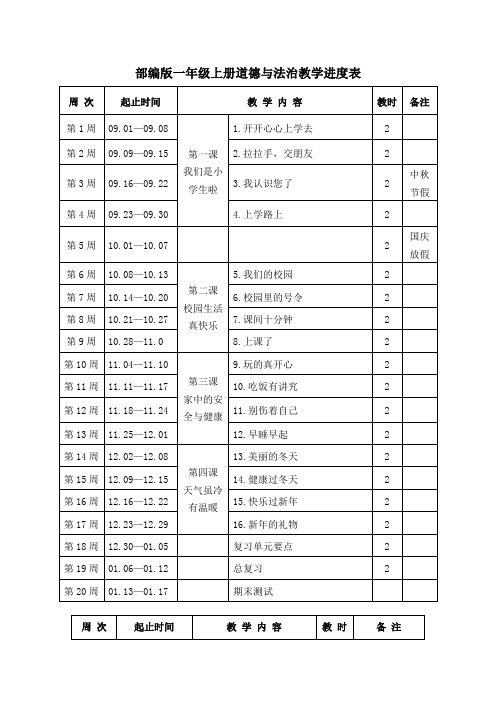 部编版一年级上册道德与法治教学进度表 