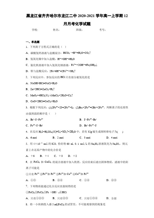 黑龙江省齐齐哈尔市龙江二中2020-2021学年高一上学期12月月考化学试题