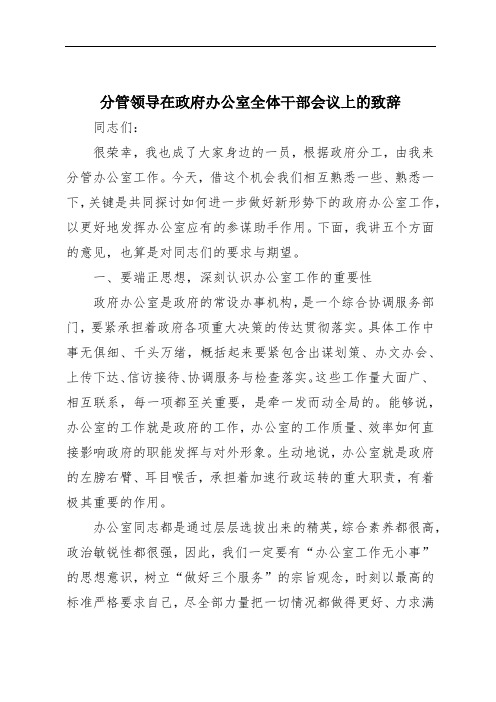 分管领导在政府办公室全体干部会议上的致辞