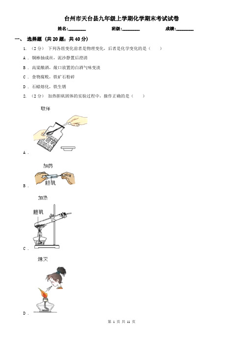 台州市天台县九年级上学期化学期末考试试卷