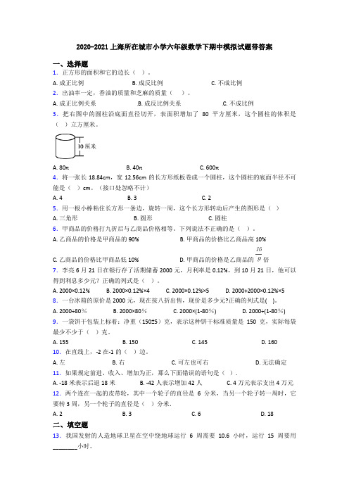 2020-2021上海所在城市小学六年级数学下期中模拟试题带答案