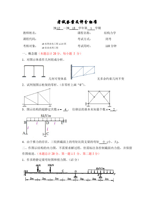 结构力学考试答案及评分标准A农大