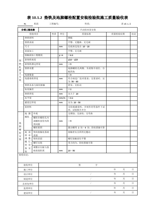 40.汽动给水泵安装--垫铁及地脚螺栓配置安装检验批施工质量验收表10.1.2