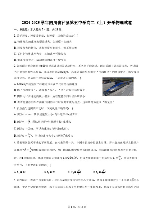 2024-2025学年四川省泸县第五中学高二(上)开学物理试卷(含解析)