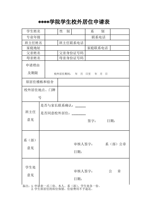 怀化学院学生校外居住申请表【模板】