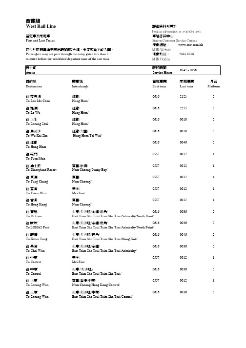 MTR港铁(西铁线,包含中转车站)时间表