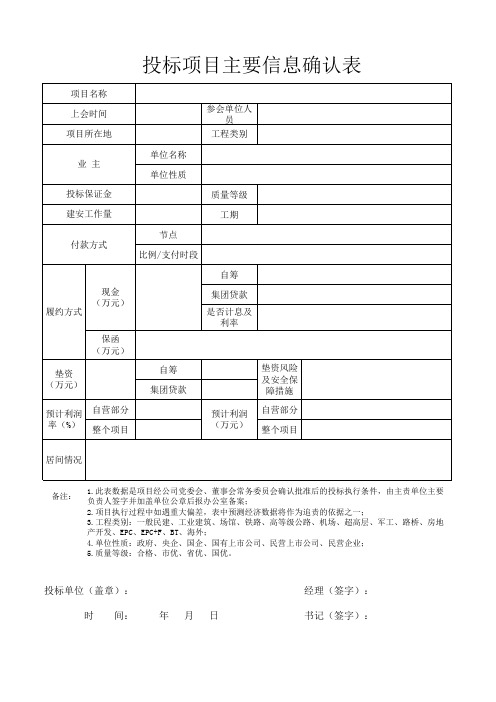 投标项目主要信息确认表