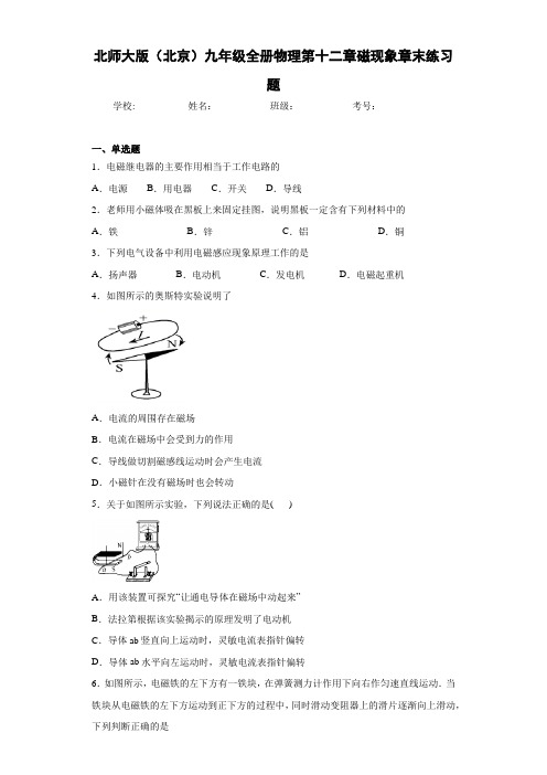 北师大版(北京)九年级全册物理第十二章磁现象章末练习题