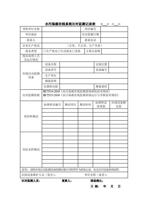 水污染源在线比对监测记录表