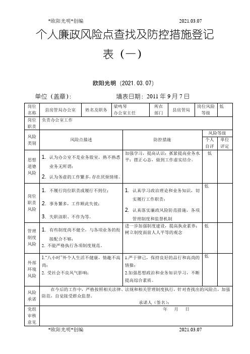 2021年个人廉政风险点查找及防控措施登记表