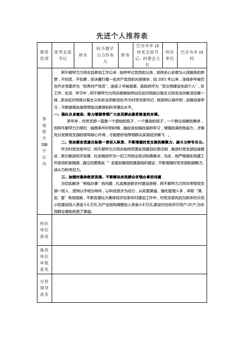 阿不都罕力力吾布力先进个人推荐表