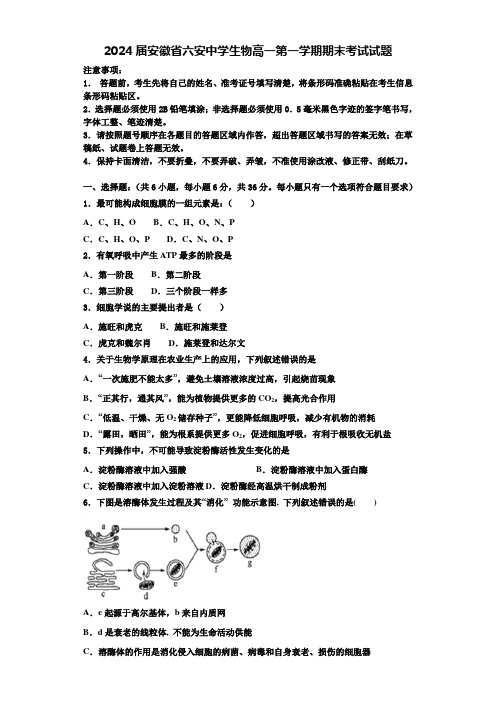 2024届安徽省六安中学生物高一第一学期期末考试试题含解析