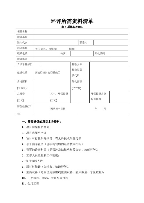 医院项目环评资料清单