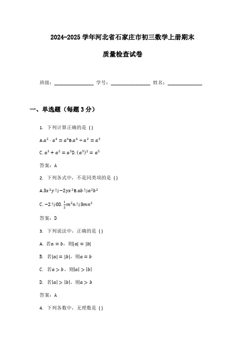 2024-2025学年河北省石家庄市初三数学上册期末质量检查试卷及答案